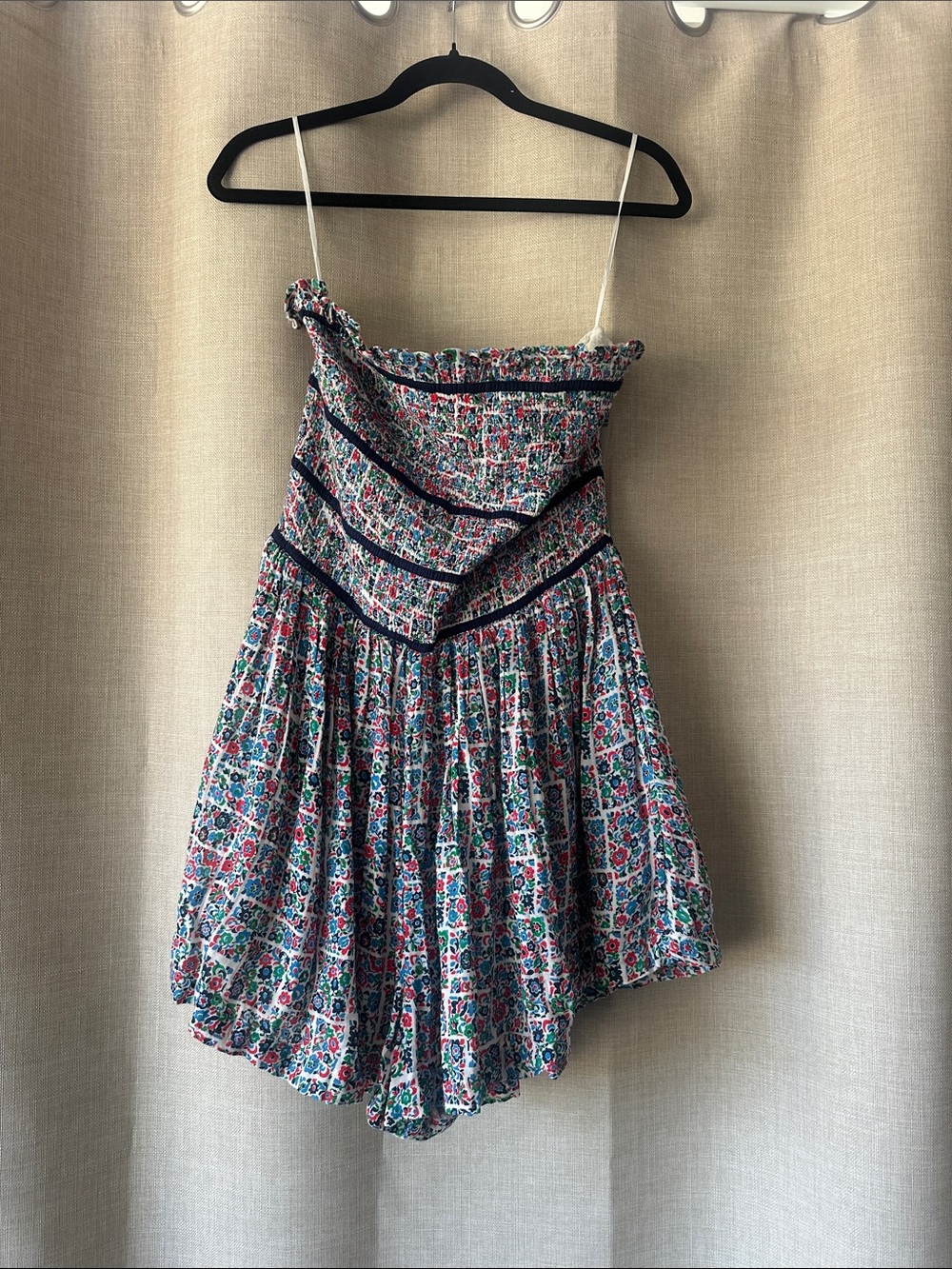Free People Floral Smocked Strapless Skort Linen Romper with Navy Trim Sz M NWT